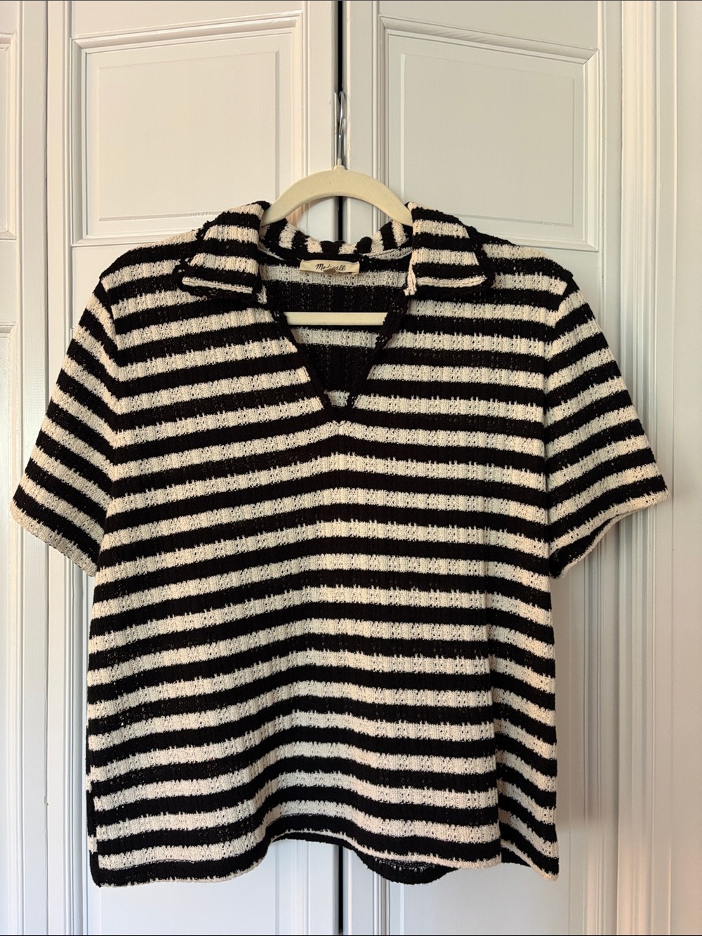 Madewell Black and White Striped Short Sleeve Polo Top